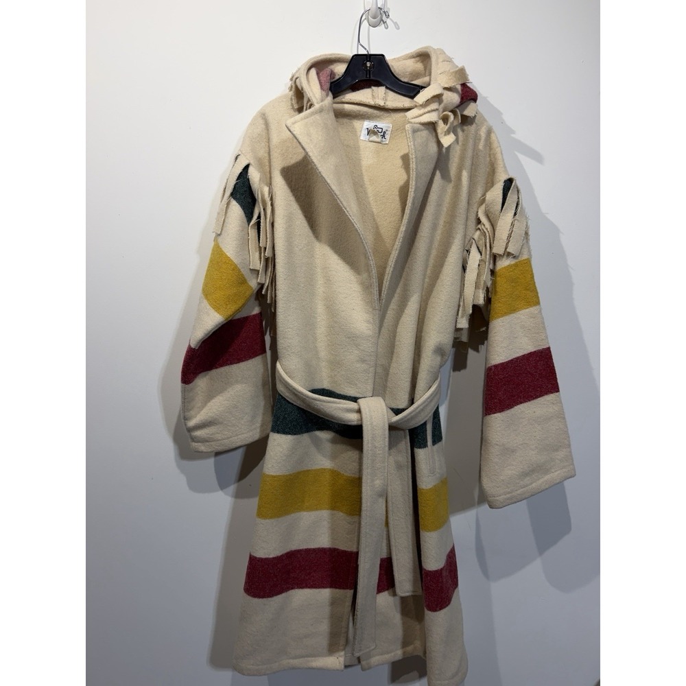Vintage Woolrich Gnome Hooded 85% Wool Blanket Coat Fringe Belted USA Made Sz M